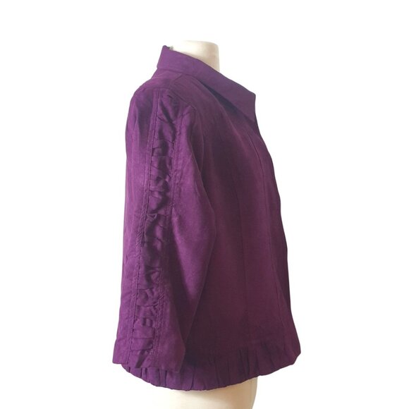 Christopher Banks Womens Suede Jacket XL Purple 3/4 Slv Ruffle Luxe Elegant - Picture 2 of 6